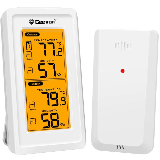 GEEVON Indoor Outdoor Thermometer Wireless Digital Hygrometer Temperature  Gauge with Time,200ft/60m Range Temperature Humidity Sensor 