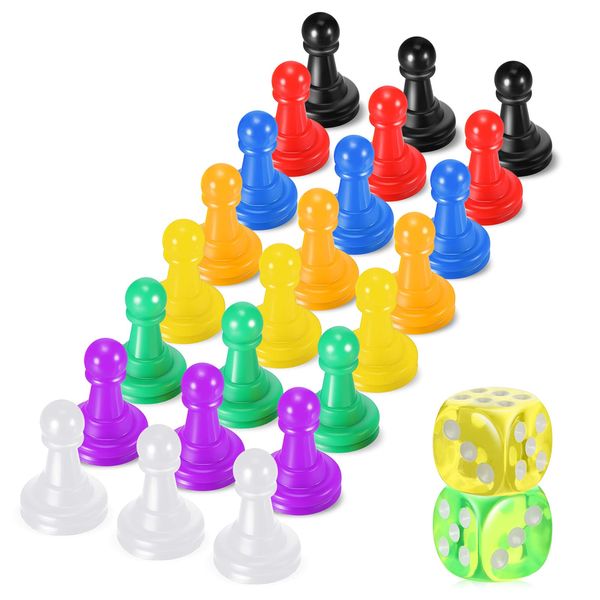 26 Pieces Multicolor Board Game Pieces and Dice Include 24 Multicolor Plastic Pawn Chess Pieces and 2 Plastic 6-Sided Game Dices, Chess Game Pieces Dice Set for Board Game Components Table Marking