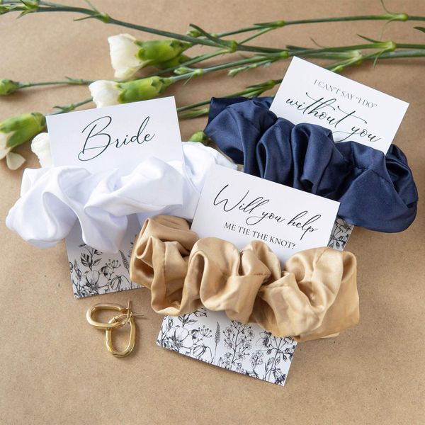 Bridesmaid Gifts Hen Party Bag Fillers, Satin Scrunchies Curly Hair, Bridesmaid Proposal Card Silk Hair Ties for Women Hen Party Accessories Wedding Bride Tribe Piece Gift Idea Present for Bridesmaids