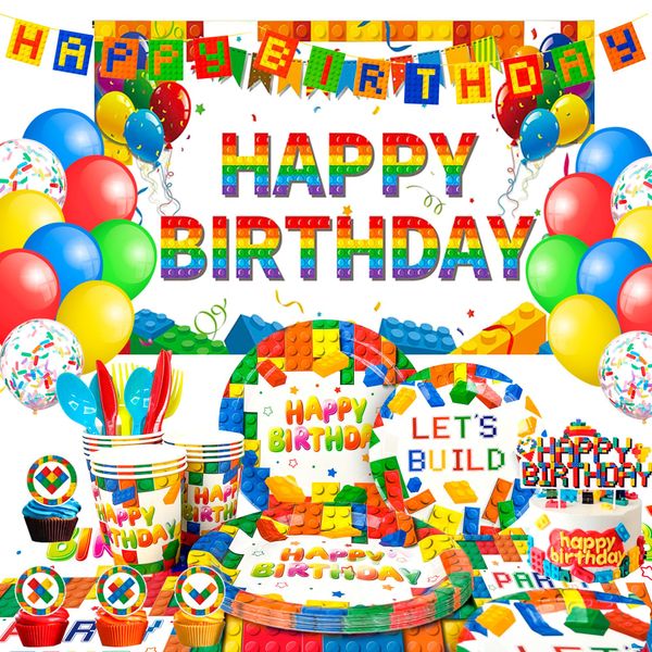 Building Blocks Birthday Party Supplies,114pcs Building Block Party Decorations&Building Blocks Tableware Set - Building Blocks Party Plates Napkins Backdrop Balloons etc Building Block Party Supplies