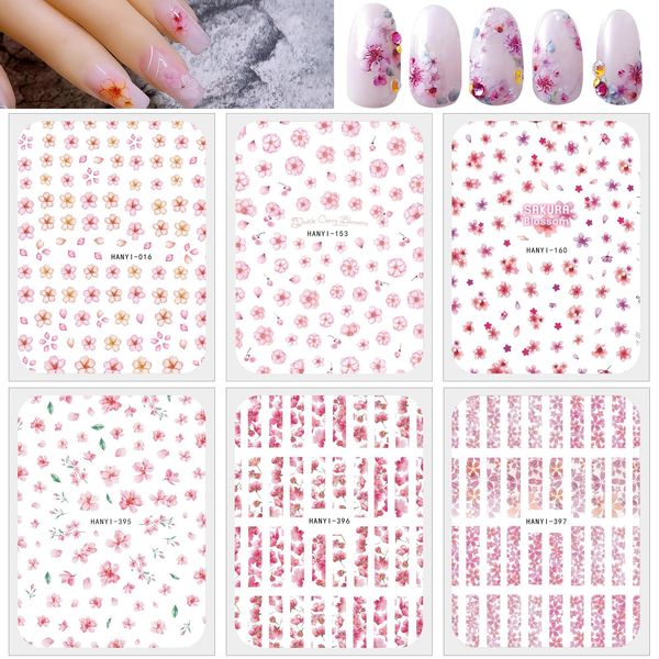 Chisafly Nail Stickers, Flowers, Cherry Blossoms, Nail Stickers, Double Cherry Blossoms, Flower Petals, Pressed Flowers, Spring, Pink, Set of 6