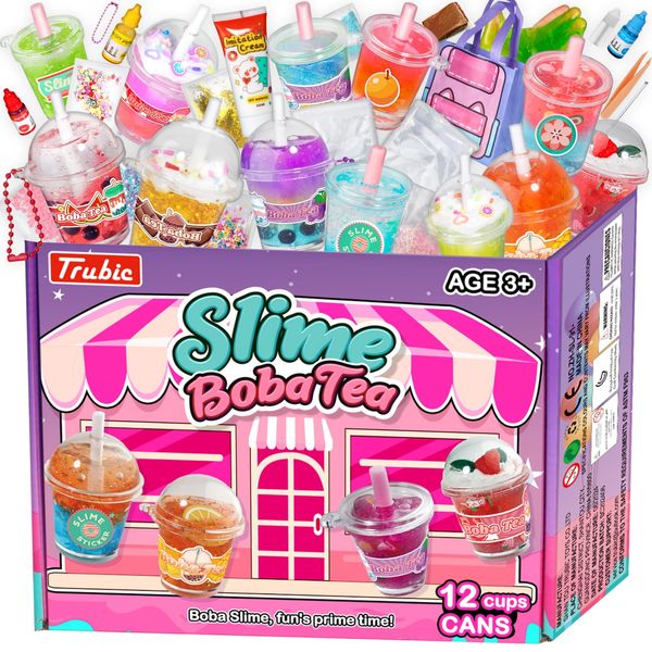 Trubic Slime Boba Tea Making Kit for Girls Ages 8-12, 12PCS Bubble Tea Cups, 500ml Clear Slime, 11 Slime Charms and More, DIY Sweet Slime Kit, Christmas & Easter Party Favors for Kids