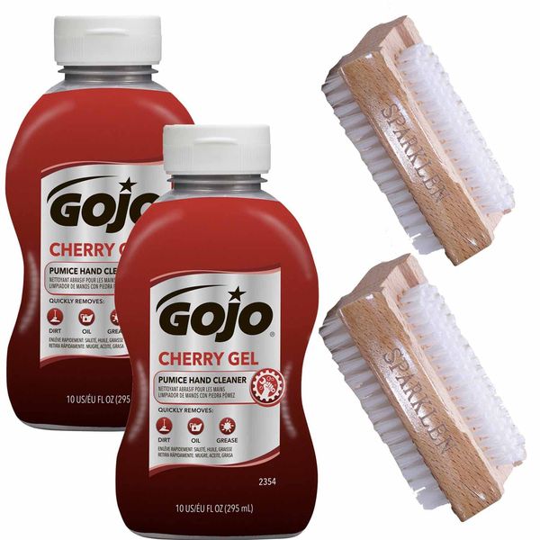 SPARKLEN. GOJO Cherry Gel Pumice Hand Cleaner Heavy Duty Cleaner Cherry Scented Scrub, 2 Bottles 10 OZ each [Total of 20 Oz.] with 2 compatible Wooden Nail Brushes