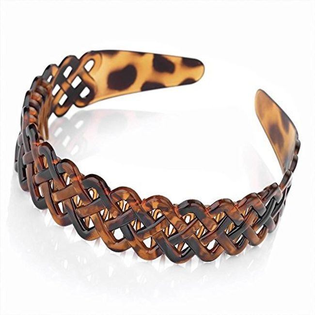 Useful brown tortoiseshell effect head band, alice band with comb inset. Attractive pierced lattice design. Classic hair accessory.