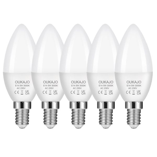 OUKAJO E14 LED Light Bulb,Small Edision Screw (SES) Candle, Energy Saving Light Bulb,5W(Equivalent to 40W) Warm White 3000K 450lm,5 Count (Pack of 1)