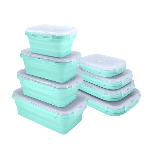 Collapsible Silicone Food Storage Containers with Lids, Set of 4 Rectangle Bowls for Travel Camping Organization, Flat Box Stacks, RV Kitchen Accessories Must Haves, BPA Free, Microwavable, Blue