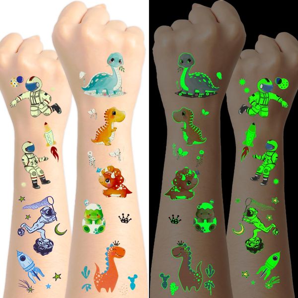 Yobbai Luminous Temporary Tattoos For Kids, Waterproof Tattoo Sticker Mixed Styles Spaceship Astronaut Alien Unicorn Dinosaur, Glow Tattoo for Boys and Girls Party Supplies