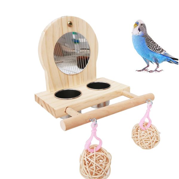 Joyeee Bird Mirror for Cage, with2 Pcs Stainless Steel Bird Feeding & Watering Cup, Bird Perch and Bird Training Toys Small Rattan Balls for Budgies, Parakeets, Lovebirds and Finch Canaries Cage