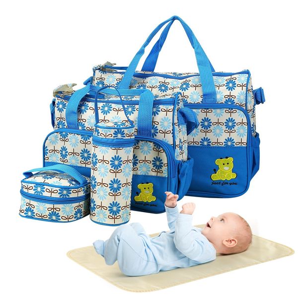 5PCS Baby Nappy Diaper Bags Set Mummy Diaper Shoulder Bags w/ Nappy Changing Pad Insulated Pockets Travel Tote Bags For Mom Dad - Blue