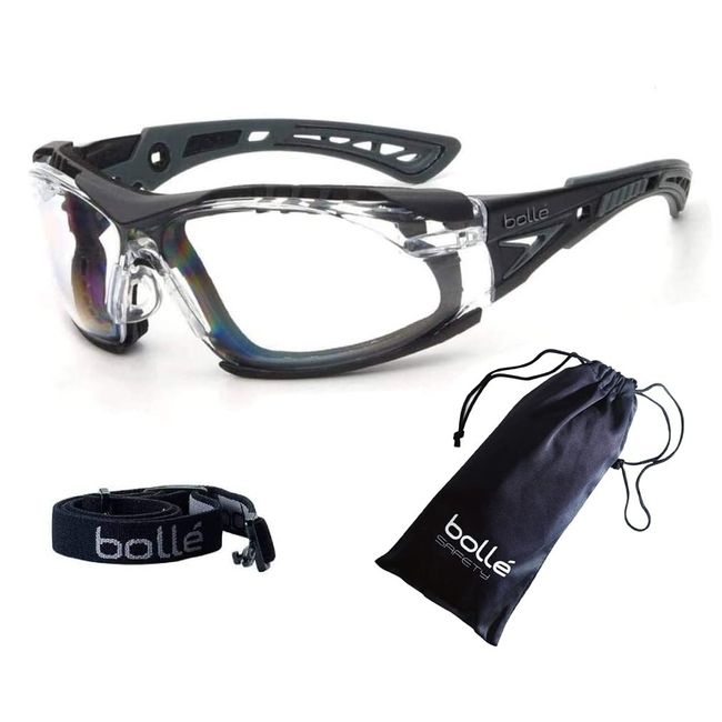 bollé SAFETY Rush+ Goggles, 4-Piece Set, (Goggles, Gasket Kit, Pouch, Original Cloth) ((Pouch) Black/Wolf Gray, Clear)