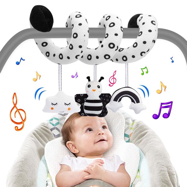 Baby Spiral Hanging Stroller and Car Seat Toys for Babies 0-6 Months Black and White High Contrast Sensory Toy Newborn Plush Activity Toys for Crib Mobile, Best Gift for 0 3 6 9 12 Months Baby