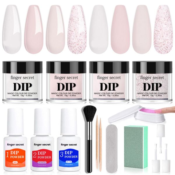 Nude Color Dip Powder Nail Kit - 4 Colors Dipping Powder Starter Kit - Glitter Nail Dipping Powder Kit - Clear Pink Dip Powder With Base Top Coat Activator for Nail Art Manicure