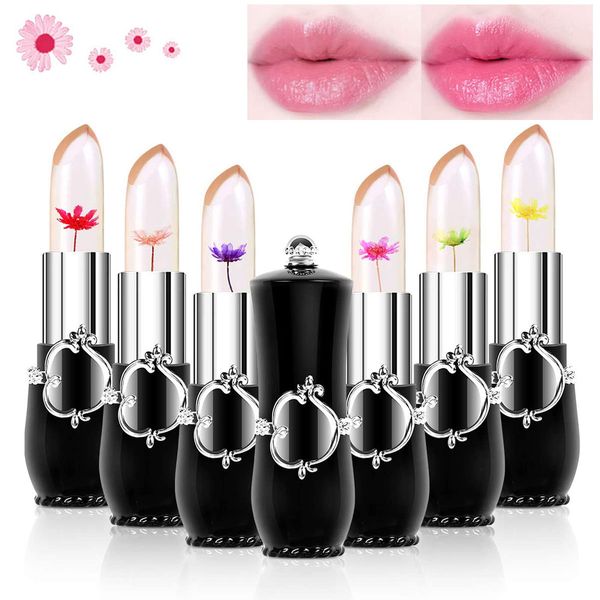 Skynest Clear Flower Jelly Lipstick, 6 Packs Nutritious Moisturizer Lip Balm Temperature Color Change Lipstick Matte Long Lasting Lip Gloss (Black)