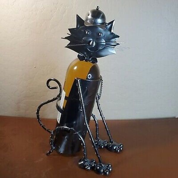 Sitting Kitty Cat Pet Hand Made Metal Wine Bottle Holder Caddy Decor