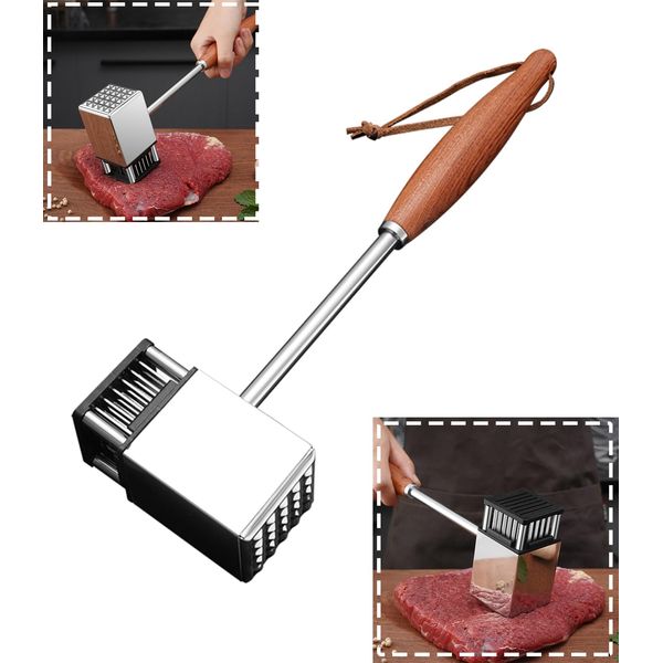 MULIRE Meat Tenderizer mallet - Meat mallet and meat needle 2-in-1 Meat Hammer Tenderizer,with non-slip wooden handle,Perfect for Home Chefs & BBQ Enthusiasts,Ideal for Steak, Chicken, Pork & More.