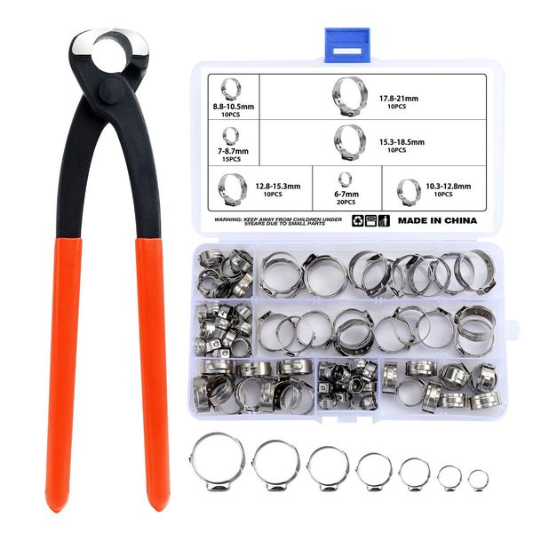 WiMas 85PCS 304 Stainless Steel 6-21mm Single Ear Hose Clamps, Hose Clamp Set, Cinch Clamp Rings Hose Clips with Clamp Pliers