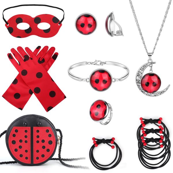 Hifot Ladybug Costume Accessories Set, Ladybug Gloves Mask Hair Bands Necklace Bracelet Ring Earring Dress Up Set, Pretend Play Red Black Polka Dots Birthday Gift Ladybug Party Supplies For Kids 5-8