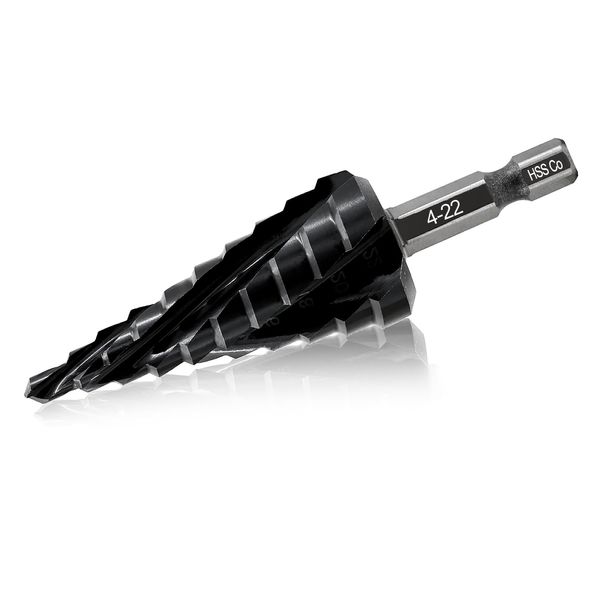 FOCSTOL Cobalt Step Drill Bit - 4-22mm Four Spiral Flute HSS Step Drill Bit M35 with Quick Change Hex Shank for Stainless Steel Metal Aluminium Copper Plastic Wood