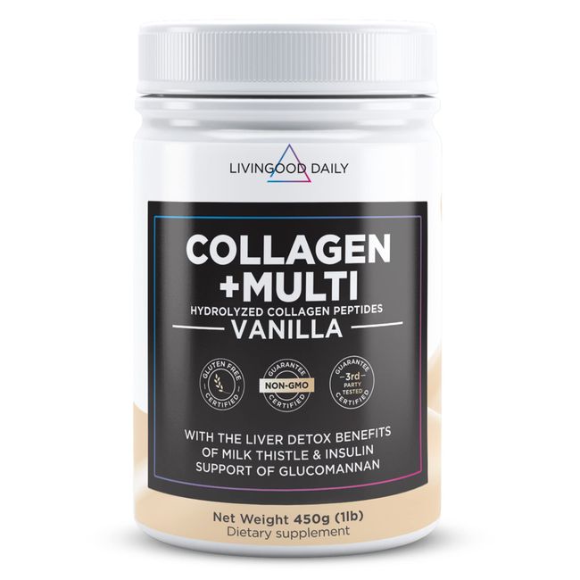 Livingood Daily Vanilla Collagen Powder, 30 Servings - Collagen Protein Powder (Collagen Type 1 and 3) Plus Multivitamin, Milk Thistle & Glucosamine - Hydrolyzed Collagen Peptides - 15.87oz