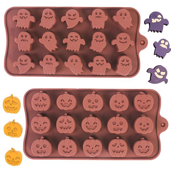 Halloween Silicone Molds,2PCS 15-Cavity Pumpkin & Ghost Silicone Molds Halloween Chocolate molds Candy Moulds for Gummy, Candy, Chocolate, Cookie, Jelly DIY