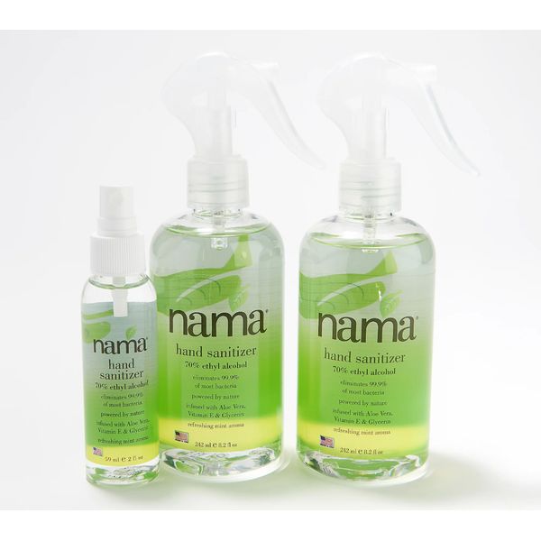 NIB NAMA Set of 3 Hand Sanitizer Sprays with Alcohol.  V37557