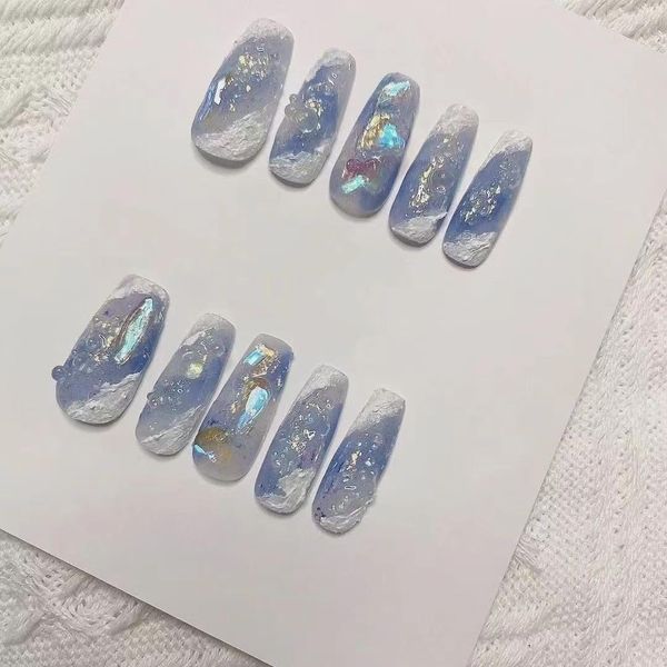 Improve Temperament Manicure Patch, Manicure Piece, Mermaid The Ocean Series, Nail Penetrating Aurora, Fake Nails, Original, Real Shot Ice (10 Pieces) (Size : L)