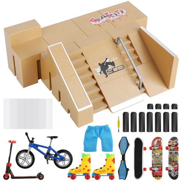 DaCool Fingerboard Skate Park Kit 17PCS Fingerboard Ramps Mini Finger Toys Finger Skateboards Swing Board Finger Bike Scooter Roller Skates Fingerboard Skatepark Ramp Deck for Kids Gift