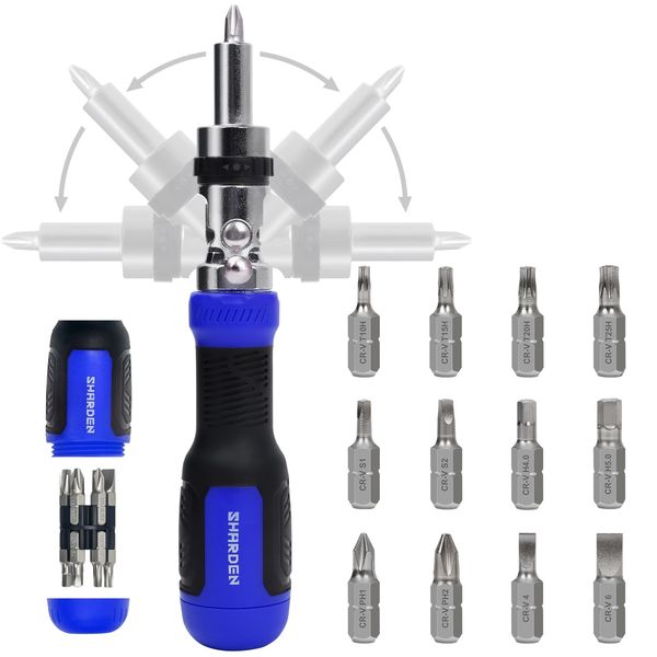 SHARDEN Ratchet Screwdriver 13-in-1 Multi Screwdriver Tool All in One Ratcheting Screwdriver Set with Phillips, Flat Head, Torx, Hex, Square, 180 Degree Pivoting Adjustable Angle Screw Driversets Set