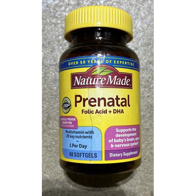 Nature Made Prenatal Multi + 200 mg DHA 60 softgels Each Exp:  03/2025