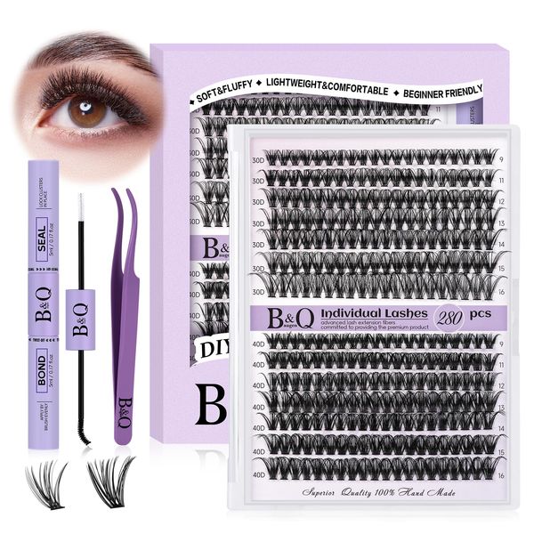 B&Q Lash Extension Set, 280 Pieces, Eyelash Extensions Set, 9-16 Mix, 40D Eyelash Extension Set, Eyelash Set, Lash Glue Remover and Applicators for Eyelash Extension Beginners (Set 30D + 40D, 9-16MIX)