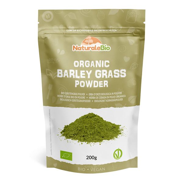 Raw Organic Barley Grass Powder, 200g. Bio, Natural and Pure, Grown in Europe. Ideal for Green juices, Smoothies and Recipes. Suitable for Vegetarians and Vegans. NaturaleBio