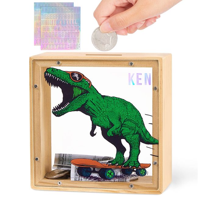 Piggy Bank for Kids, Wooden Money Coin Bank for Boys and Girls, Dinosaur Unicorn Piggy Banks with DIY Stickers for Birthday, Easter Gifts (Green)