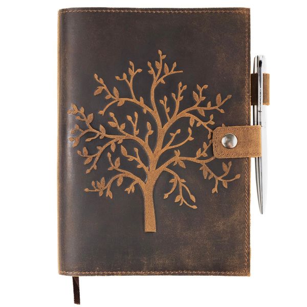 moonster Refillable Leather Journal Lined Notebook - Embossed Tree of Life, Handmade Genuine Leather Notebook for Men & Women with Pen Holder – Includes Premium-Milled A5 Lined Paper & Luxury Pen