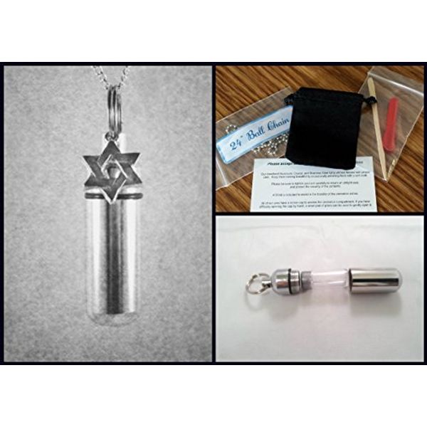 Lovely Star Of David/Jewish Star CREMATION URN Necklace on 24" Chain - Includes Velvet Pouch, Fill Kit, Instructions