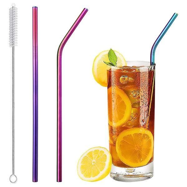 2 Stainless Steel Straws with Cleaning Brush, Reusable Eco Straws, Thin, Diameter 0.2 inches (6 mm) x Length 8.3 inches (210 mm) (Color)