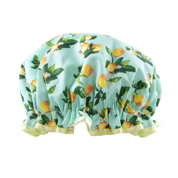 The Vintage Cosmetic Company Lemon Print Shower Cap, Vintage Inspired Lightweight and Elasticated Waterproof Cap, Keeps Hair Dry and Frizz Free, Reusable Shower Cap for Women, Lemon Print Design