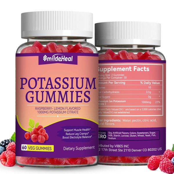 2 Pack Potassium Supplement Gummies 1000mg Potassium Gummies for Adults Suppo...