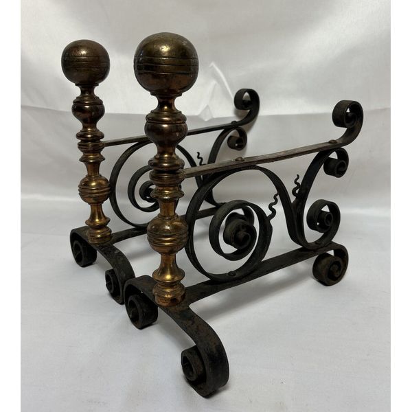 Antique Unique Arts & Crafts Brass & Iron Fireplace Andirons Petite Pair 11"H