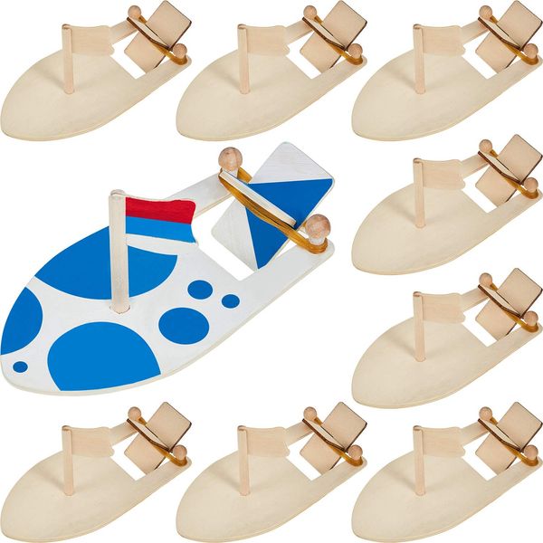 Gejoy 8 Pieces DIY Wooden Sailboat Rubber Band Paddle Boat Paint and Decorate Wooden Sailboat for Birthday Carnival Party DIY Craft