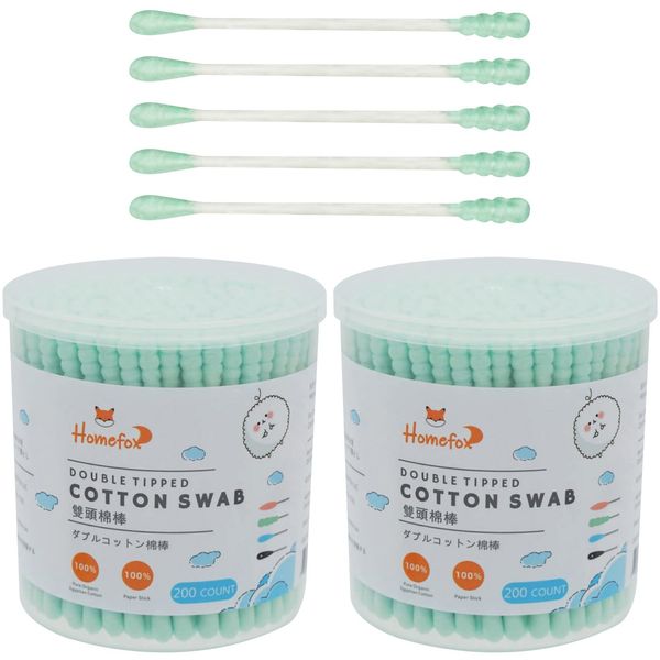 HOMEFOX Green Cotton Swabs Spiral - 400 Count Organic Cotton Buds Double Side Tightly Wrapped Cotton Tips Paper Stick Soft Gentle Lint-Free Cruelty-Free, Round & Spiral (Green)