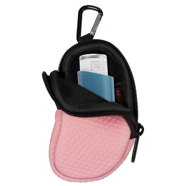 MEDMAX Neoprene Asthma Inhaler Holder, Protective Portable Travel Handy Holster, Lightweight Carrying Case with Carabiner Clip and Mesh Pocket Inside, Inhaler Not Included (Case Only) (Pink)