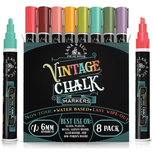 LANA & LUCA Liquid Chalk Markers - Wet Erase Marker Pens - for Chalkboards Signs, Windows, Blackboard, Glass - 6mm Reversible Tip (8 Pack) - Vintage Colors Multicolor