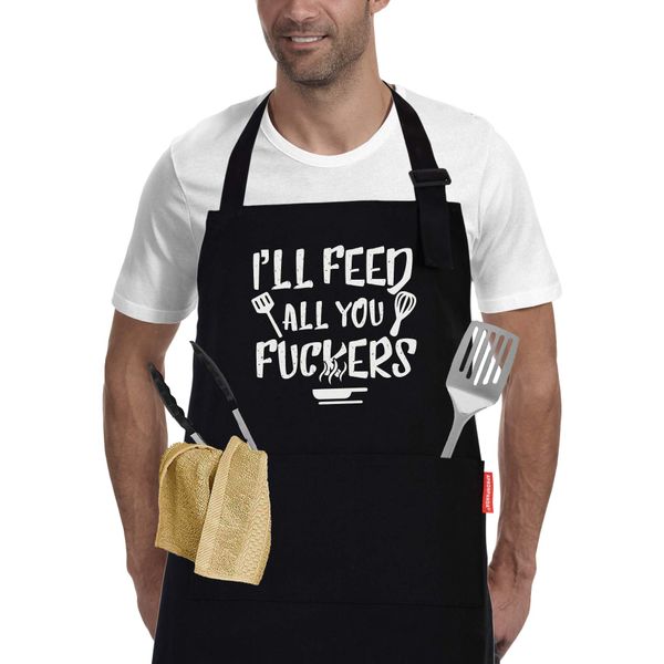 APRONPANDA I'll Feed All You - Funny Black BBQ Chef Aprons for Men Women with 2 Pockets - Gifts for Men, Birthday Gifts for Husband, Son, Boyfriend- Kitchen Cooking Grilling Apron