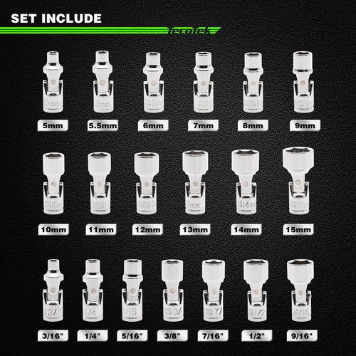 TecoTek 19-Piece 1/4-Inch Drive Universal Joint Socket Set, Swivel Socket Set, 6-Point, SAE (3/16" to 9/16") and Metric (5mm to 15mm), CR-V, Universal Flex Socket for Easier Access to Tight Spaces