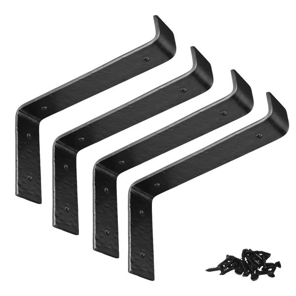 4 Pack 7x4 Inches Small Black Metal Wall Shelf Brackets - Hand Forged Floating Shelf Hardware - Decorative Wood Angle Brackets for Walls - Rustic Cast Iron Shelf Supports - The Barn House Series