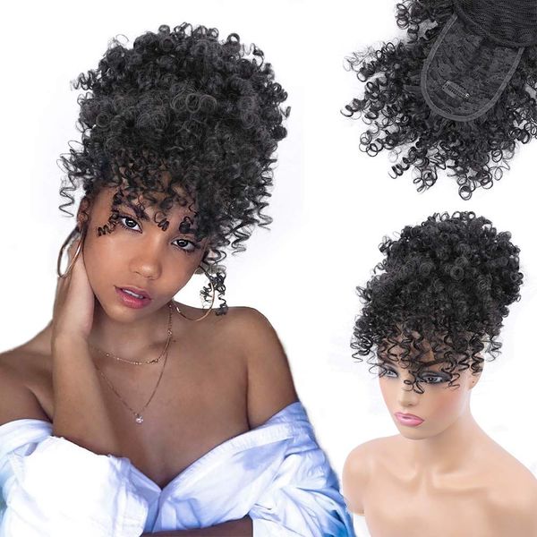 ENTRANCED STYLES Drawstring Ponytail with Bangs Afro Puff Ponytail Extensions for Women Short Curly Puff Ponytail with Bangs Clip in Wrap Updo Hairpiece for Women (1B)