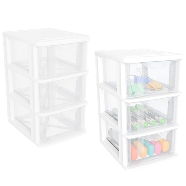 Gonice Small 3 Drawer Desktop Organizer, 2 Pack White Plastic Stroage, Desktop Organization for Small Tools (3tier 2pack)