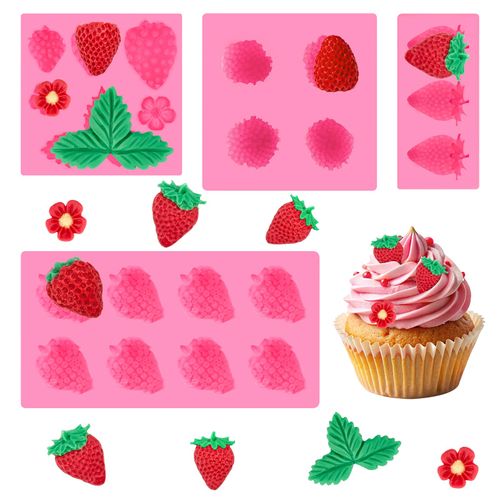 Puyeipt 4 Pcs Silicone Strawberry Fondant Molds, Fruit Molds for Candles, 3D Strawberry Molds for Cupcake Cake Decoration, Chocolate, Clay, Wax Making