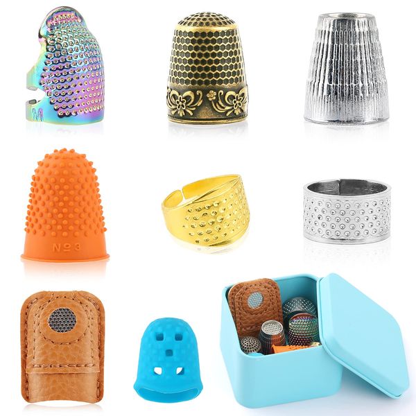 8 Pcs Sewing Thimble with Storage Box, Finger Protector, Finger Tips, Leather Thimble, Adjustable Metal Sewing, Thimble Rings, Rubber Thimble, Finger Protector Coin Thimble