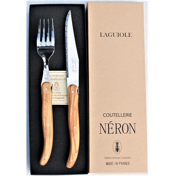 Laguole Olive Handle Dinner Knife and Fork Set in Gift Box